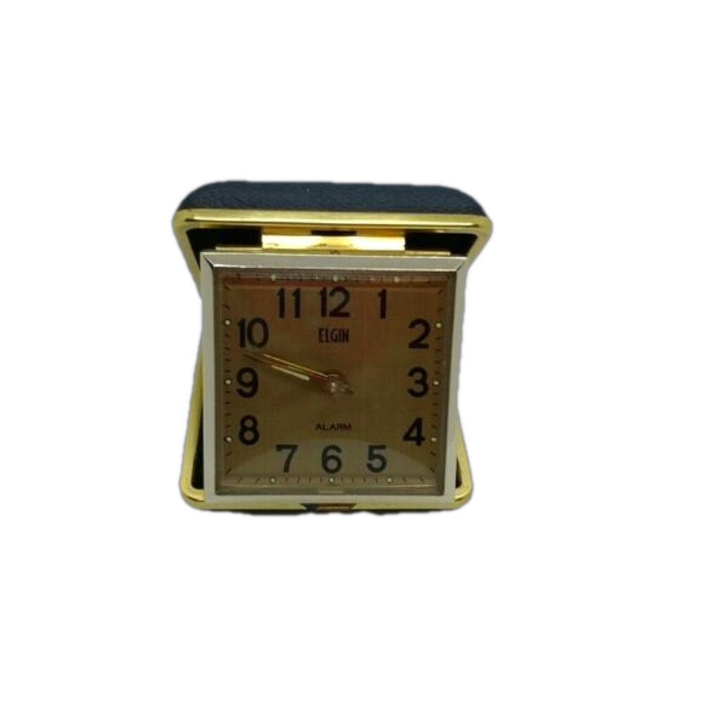 Elgin Travel Alarm Clock Folding Black Case Wind Up Vintage Works‎ Collectable